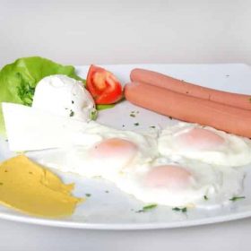 Sausage, three eggs, sour cream, feta cheese, tomato, mustard delivery