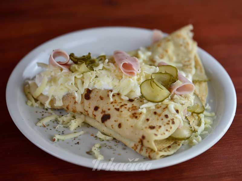 3. Crepe with ham, kulen, cheese, sour cream and pickles delivery