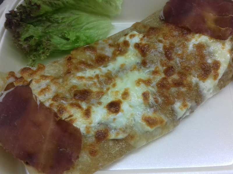 Baked pancake beef prosciutto, sour cream, cheese delivery