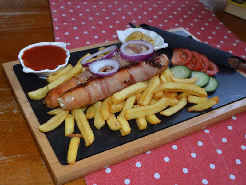 Sausages with cheese rolled with bacon delivery