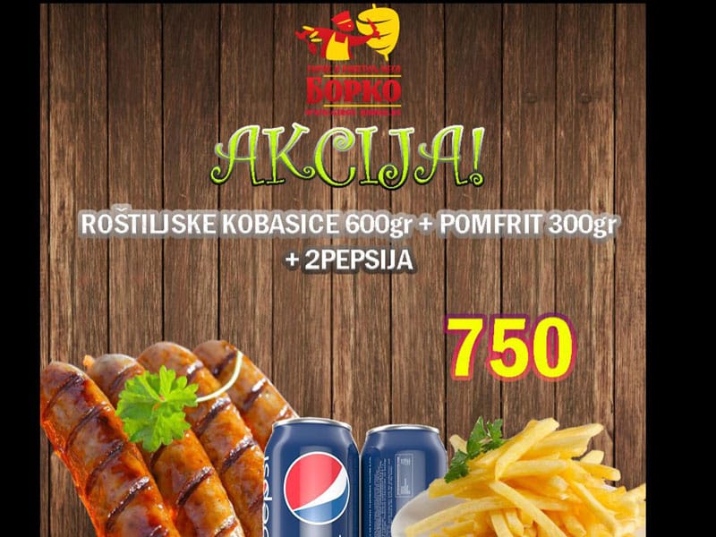 Grill sausages 600g + french fries 300g + 2 x Pepsi delivery