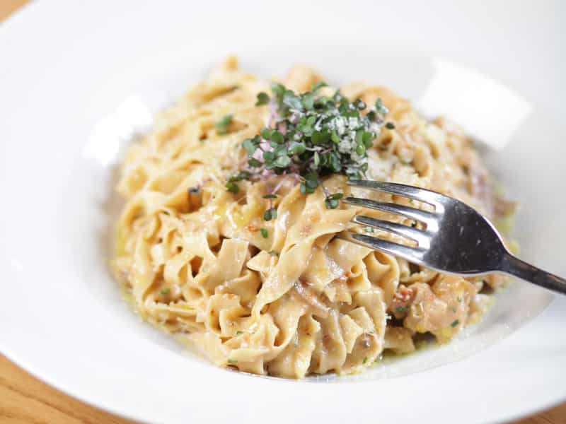 Tagliatelle with chicken, mushrooms, parmesan and dried tomatos salsa delivery