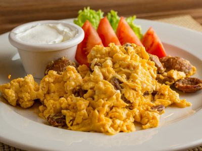 Scrambled eggs with sausage Brunch burger bar delivery