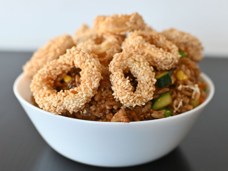 Fit rice with crispy squids and vegetables delivery