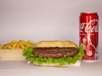 Pljeskavitsa + fries 100g + Coca-Cola - Original 0.25L Pečenjara Njuškica delivery