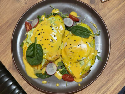 Poached egg with avocado and salmon House Coffee delivery