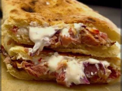 Smoked pork leg in horseradish sauce sandwich Pashe delivery