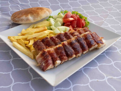 Rolled chicken skewer obrok Amos picerija delivery