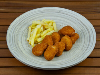 Chicken nuggets, french fries, sauce Crispy delivery