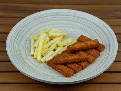 Fish sticks, french fries, sauce Crispy delivery