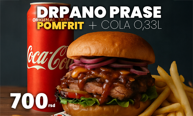 Drpano prase sendvič + pomfrit 150g + Coca-Cola - Original 0.33L