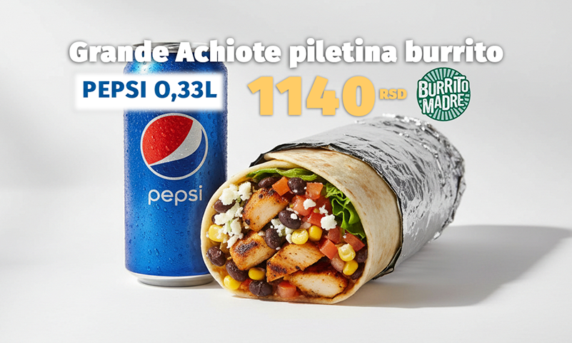 Grande Achiote piletina burrito + Pepsi 0.33L