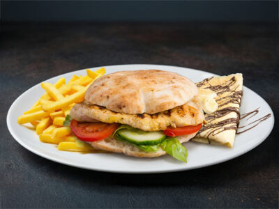 Veliko belo meso sa sirom + pomfrit + palačinka sa kremom Has Kod Nas dostava