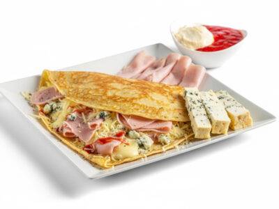 9.Palačinka pavlaka, šunka, kačkavalj, gorgonzola, parmezan. Amos picerija dostava