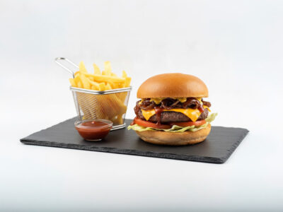 BBQ burger + french fries Stubal Gyros delivery
