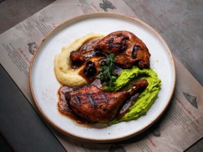 Duck durmstick on potato and peas puree Balkan Distrikt delivery