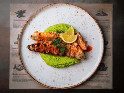 Perch fish on peas puree Balkan Distrikt delivery