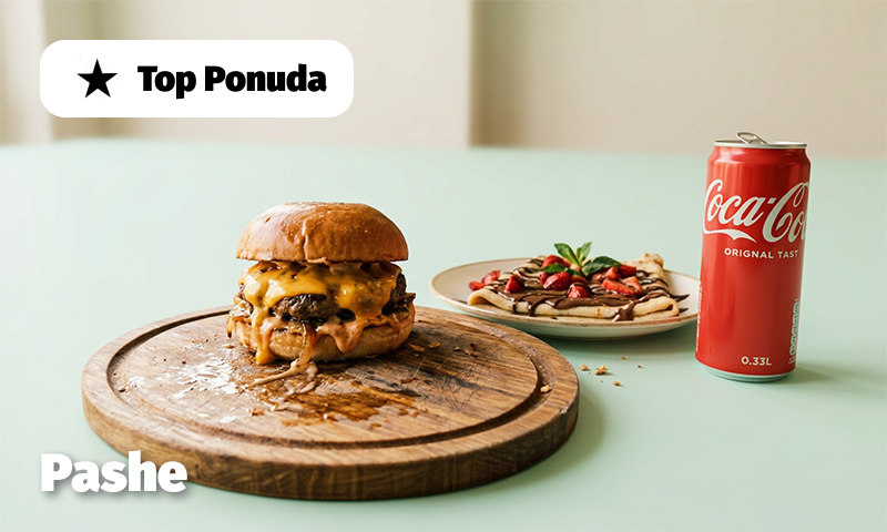 Pashe Classic double smash burger + Nugatela palačinka + Coca-Cola - Original 0.33L