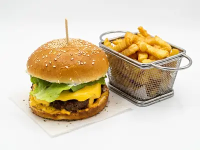 Burger and fries Jules Verne delivery