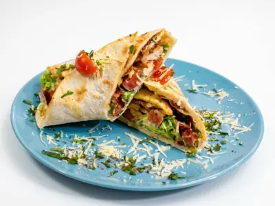 Chicken burrito in curry sauce with fries Jules Verne delivery