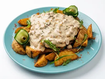 Chicken fillet in peanuts sauce with spicy potatoes Jules Verne delivery