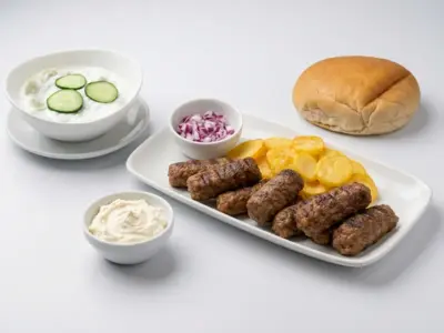 Pazarski ćevapi 10 komada + kugla domaćeg kajmaka + salata krastavac sa pavlakom + domaća lepinja Bašta Fontana Restoran dostava